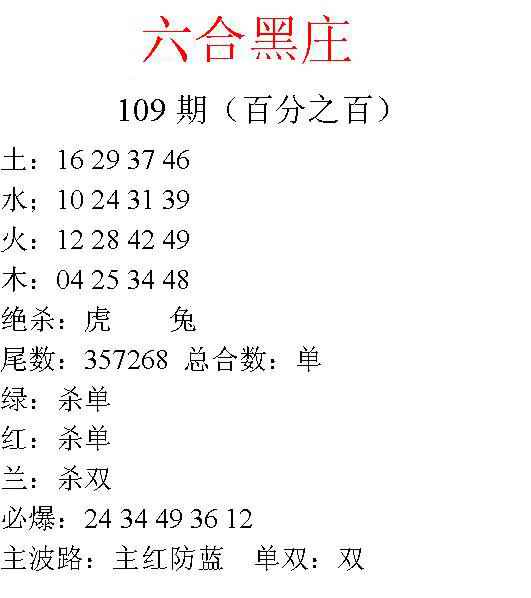 六合黑庄 第109期