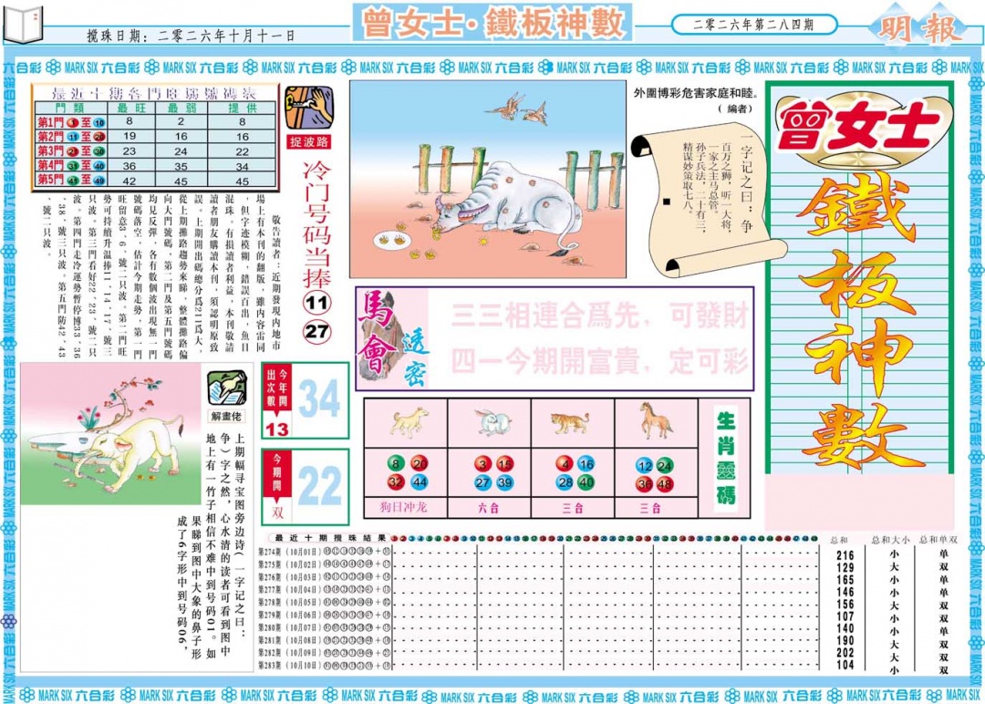 曾女士铁板神数A 第283期