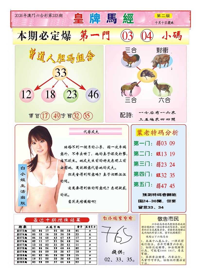 皇版马经B 第283期