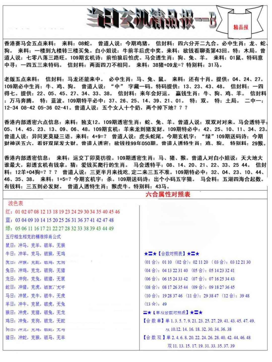 当日玄机精品报B 第109期